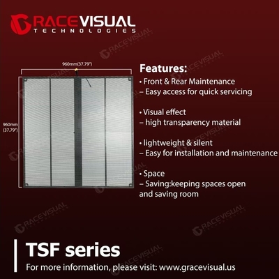 TSF Series P3.9-7.8mm Przejrzysty ekran LED 1000x1000mm, wysoka częstotliwość odświeżania 3840Hz, dostosowywalna instalacja wewnętrzna, ramka aluminiowa